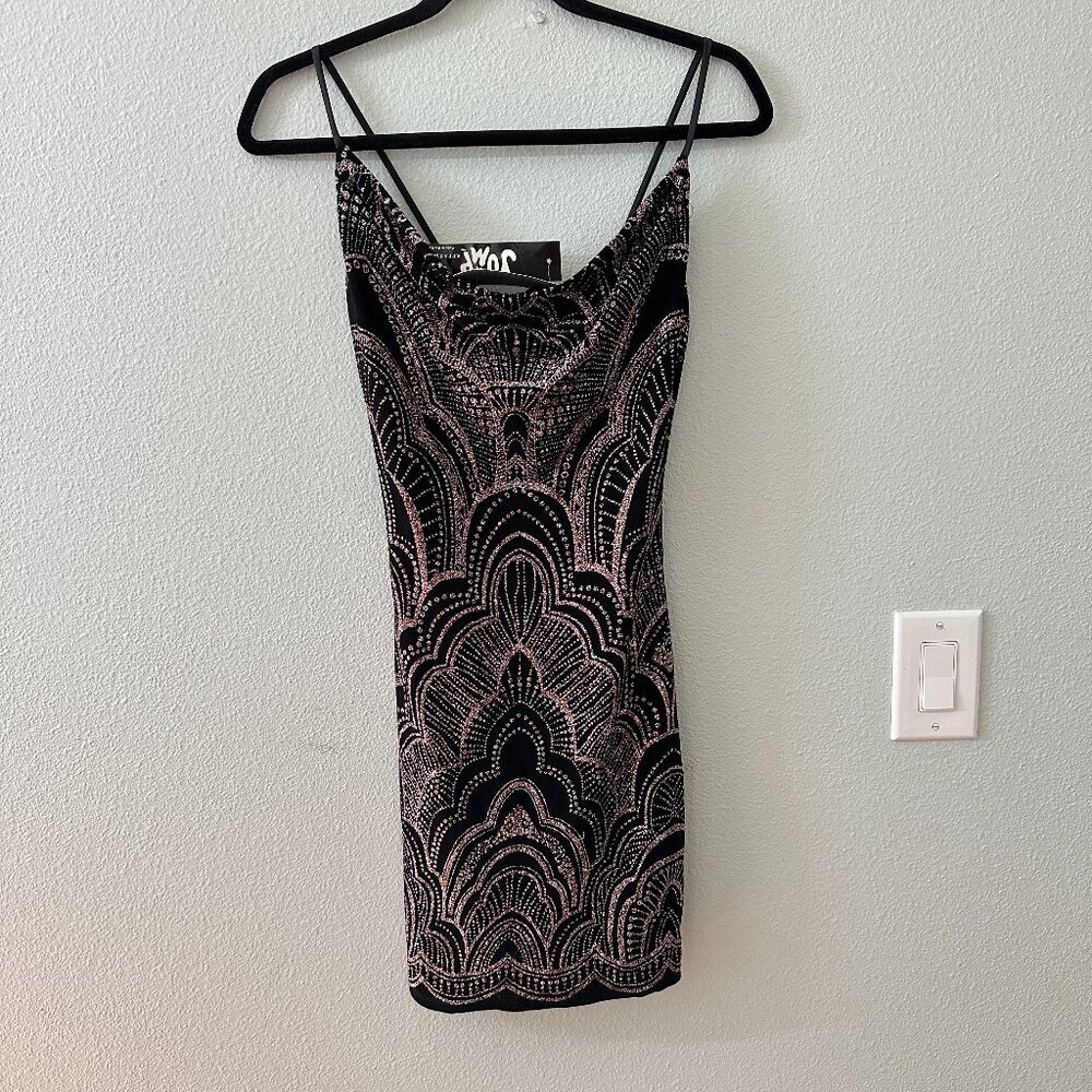 NWT Jump Apparel Black Glitter Drape Neck Mini Slip Dress Strappy Women's 1/2
